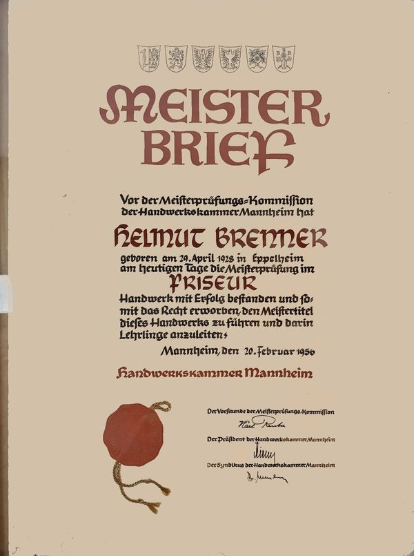 Meisterbrief von Helmut Brenner, 1956