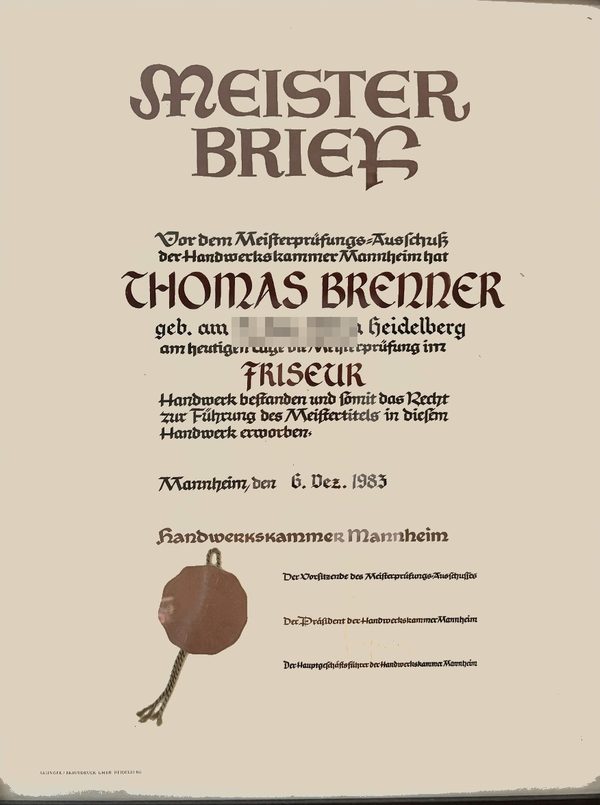 Meisterbrief von Thomas Brenner, 1983
